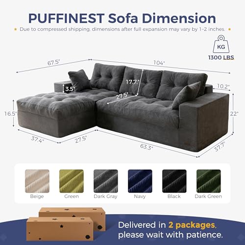 Image of MAXYOYO 104 inch L Shaped Modular Sectional Sofa with Ottoman, Cloud Boneless Couch with Layered Cushion, Upholstered Sofa Flexible Module Combination for Living Room, No Assembly, Dark Grey