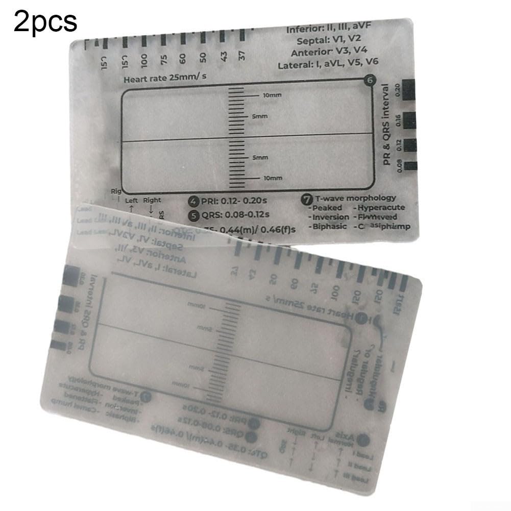 Righello ECG a 7 fasi con carte identificative trasparenti - Strumento di interpretazione per battito cardiaco, ritmo, asse, PR, QRS, elevazione/depressione ST, onda T (2 pezzi)