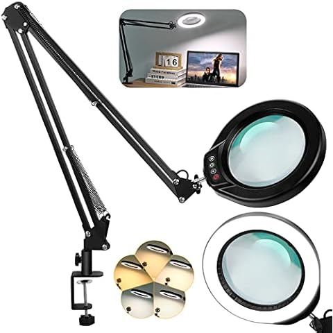 VEEMAGNI 5 Inch Large Magnifying Glass with Light and Stand, 5 Color Modes Stepless Dimmable, 2*16 Inch Swivel Arm LED Clamp Desk Lamp, Hands Free 8X Lighted Magnifier for Close Work Crafts Soldering Cover