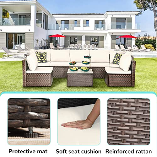 Image of PayLessHere 8 Piece Patio Furniture Set Outdoor Furniture Sectional Sofa Set Rattan Wicker Conversation Set Coffee Table Khaki Cushion for Backyard Porch Balcony Poolside Garden