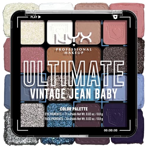 NYX Professional Makeup Lidschattenpalette mit 16 Farbtönen, Intensives und langanhaltendes Finish, Vegane Formel ohne Inhaltsstoffe tierischen Ursprungs, Ultimate Shadow, Farbton: Vintage Jean Baby
