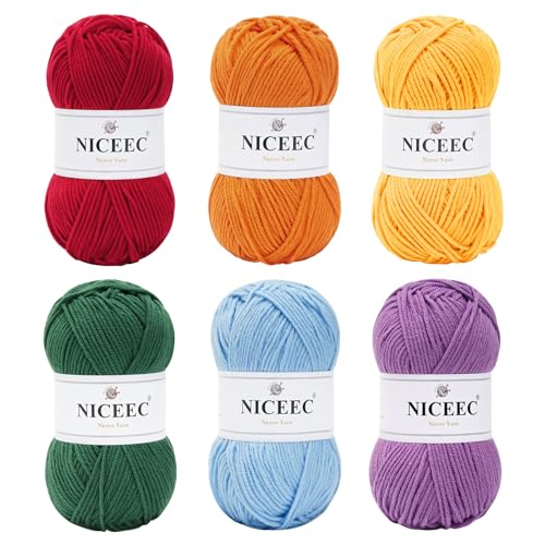 Image of NICEEC 300g Soft Assorted Colors Yarn - Sport Weight,100% Acrylic, 4 Ply, Bonbons Yarn for Crochet & Knit, DIY Project Starter Kit for Kids or Adults(Total 870yds) - Rainbow