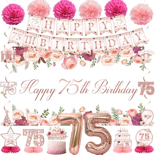 Vlipoeasn Floral 75th Birthday Decorations for Women, Rose Gold 75th