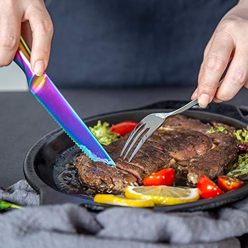 WELLSTAR-Rainbow-Serrated-Steak-Knife-Set-of-6-Razor-Sharp-German-Steel-Blade-475-inch-and-Comfortable-Stainless-Steel-Hollow-Handle-with-Titanium-Coated-Dinner-Table-Knives-Set-for-Home-Restaurant WELLSTAR Rainbow Serrated Steak Knife Set of 6 Razor Sharp German Steel Blade 475 inch and Comfortable Stainless Steel Hollow Handle with Titanium Coated Dinner Table Knives Set for Home Restaurant