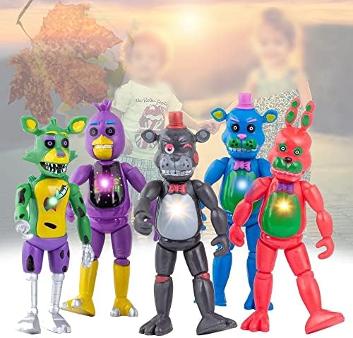 5Pcs Inspired by Five Nights at Freddys Toys Action Figures Security Breach Series Glamrock Foxy Bonnie Fazbear PVC Doll Movable Joints Collectible Freddy Toys Set with Light for Kids Gift