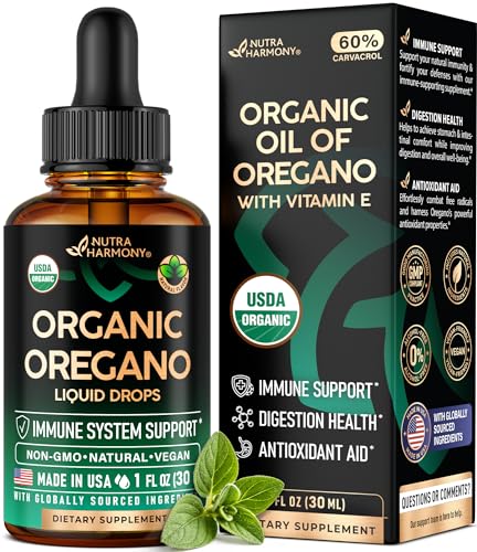 USDA Organic Oil of Oregano - Liquid Drops with Vitamin E - Supplement for Immune Support Digestion Health & Antioxidant - GMO Free Vegan & Natural - As Pills Capsules Softgels - 1 fl oz