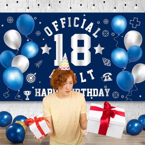 Image of Happy 18th Birthday Banner Backdrop 18th Birthday Decorations for Boy | Large Official Adult 18 Year Old Backdrop 18th HBD Party Decorations Supplies, Navy Blue Silver