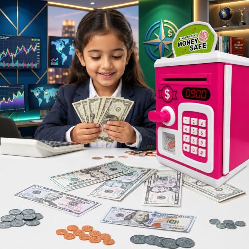 Image of Umadiya Sensor Fingerprint Money Safe Piggy Bank for Kids | Lock ATM Savings Bank with Auto Cash Roll-in, Coin Slot & Music | Educational Password Touch Finger Sensor Savings Bank Toy for Gift