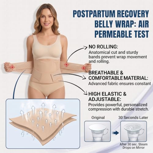 Image of Postpartum Belly Wrap Belt - 3-in-1 Post-Pregnancy Abdominal Binder & Recovery Corset for C-Section & Normal Delivery - Adjustable Post-Surgical Shapewear for Back Support and Stomach Tummy Tuck (Beige)