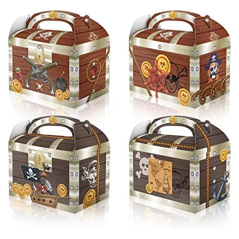 RIGHTA TECH 12 Packs Pirate Treasure Treat Gift Boxes Pirate Birthday Party Gift Box gold treasure chest Candy Goodie Cardboard Boxes with Handles for Snacks, Pirate Birthday Party Supplies Favors Cover