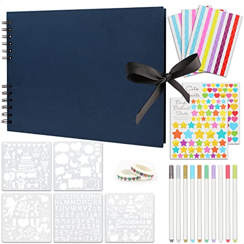 Scrapbook Photo Album, 11x8 inch Hardcover Scrap Book 80 Pages Black Craft Paper, DIY Handmade Scrapbooking Kit for Wedding, Anniversary, Graduation, Travelling, Baby Shower (Blue)