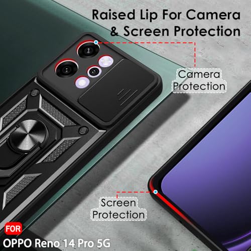Image of TheGiftKart Tough Armor Bumper Back Cover Case for Oppo Reno 14 Pro 5G | Sliding Camera Cover, Kickstand & Ring Holder | 360 Degree Protection Back Cover Case for Oppo Reno14 Pro 5G (PC & TPU, Black)
