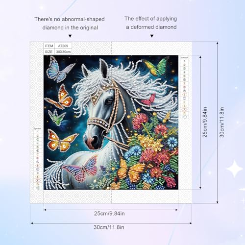Image of 5D Special Shape Diamond Art Kits for Beginners, Diamond Art Painting Kits for Adults, Crystal Rhinestones Diamond Art Painting for Home Wall Decoration Gift 12x12 inch, White Horse Butterfly