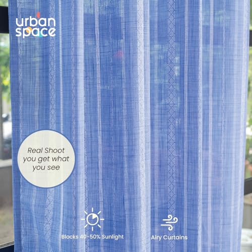 Image of Urban Space Aari Collection Weaved Sheer Curtains for Door 7 Feet Long, 40-50% Light Filtering Textured Curtains with Eyelets and Tieback, Set of 2 Decorative Curtains (Vertical Blue, 8 Feet)
