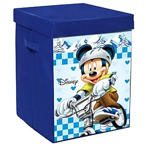 Kuber Industries Disney Mickey Print Foldable Laundry Basket|Clothes Storage Basket With Handle & Lid,60 Ltr.(Blue)