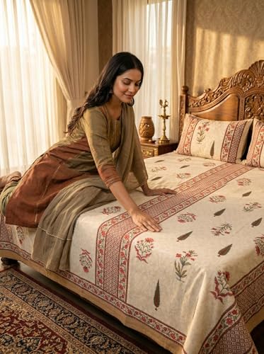 Image of Mafatlal 144 TC Jaipuri Cotton King Bedsheet | 90 x 108 Inches | Traditional Design | Smooth, Long-Lasting & Soft | 2 Pillow Covers | Pastel Pink