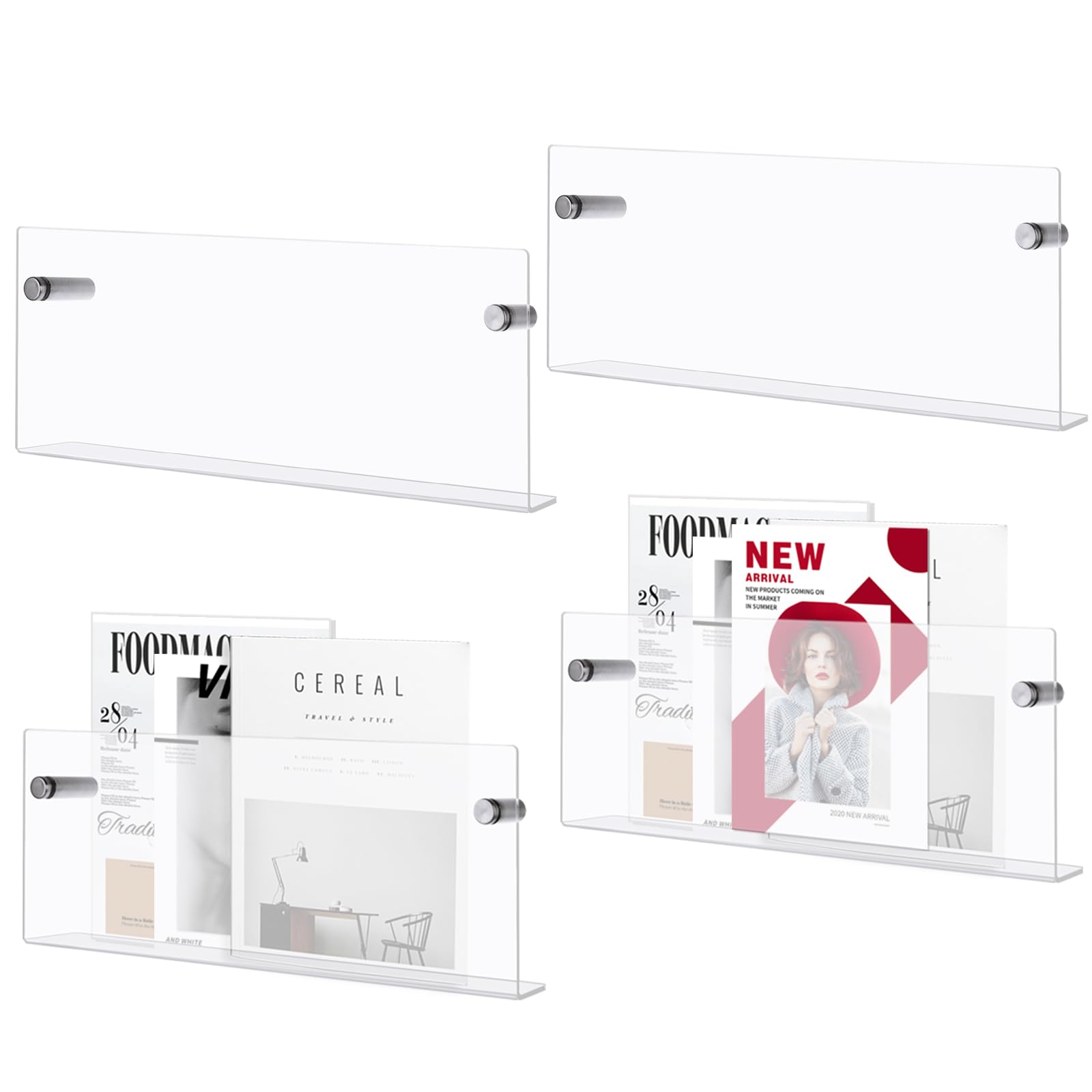 CYEAH 4 Pcs Acrylic Magazine Holder Brochure Holder, 15 in Record Holder Magazine Rack, Wall Mount Hanging Bookshelf Literature Storage Rack, Brochure