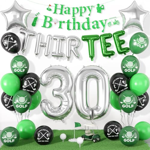 Image of 30th Golf Birthday Decorations for Men 30th Party Decorations for Him | Golf Print Balloons Happy Birthday Banner THIR-TEE Banner 30 Foil Balloons for Men Thirty Birthday Decor