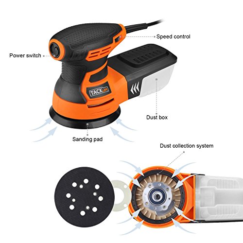 TACKLIFE 5-Inch Random Orbit Sander 3.0A with 12Pcs Sandpapers, 6 Variable Speed 13000RPM Electric Sander, High Performance Dust Collection System, Sander for Woodworking - PRS01A