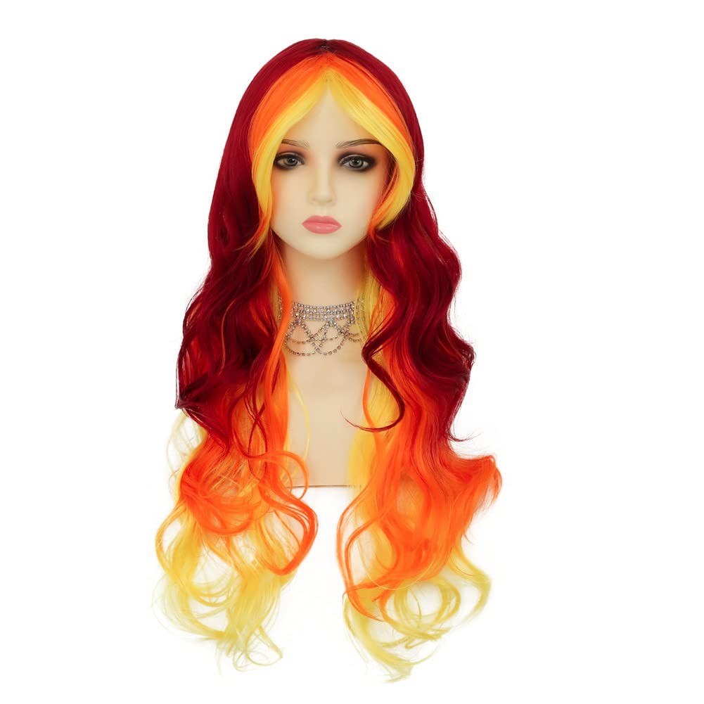 Dai Cloud Orange Yellow and Red Wigs Colorful Long Curly Wavy Women Cosplay Costume Wigs Anime Halloween Party