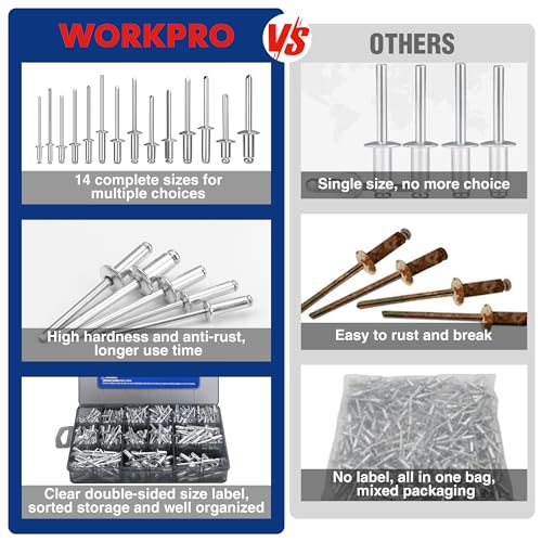 Workpro W004723 500Pcs Aluminum Blind Rivets, 14 Sizes Pop Rivets Assortment Kit thumb #2