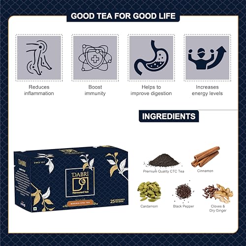 Image of Dabri Masala Tea Premium 50 Double Chamber Dip Tea Bags|Pack of 2 x 25 Bags|Kadak Masala Chai Patti Powder with Natural Spices|Rich Aromatic Blend|Boosts Immunity & Increases Energy Levels