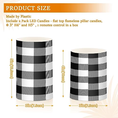 Image of YETTASBIN White Black Buffalo Plaid Flameless Candles with Remote Control and Timer, Adjustable Brightness Long Lasting Battery Operated LED Pillar Candles for Party Holiday Home Decor, 2 Pack