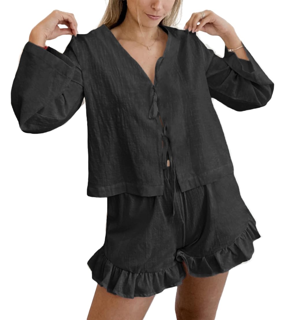 Xfileen Women Fashion 2 Piece Outfit Long Sleeve Tie Front Tops and Ruffled Shorts Cotton Pajamas Sets