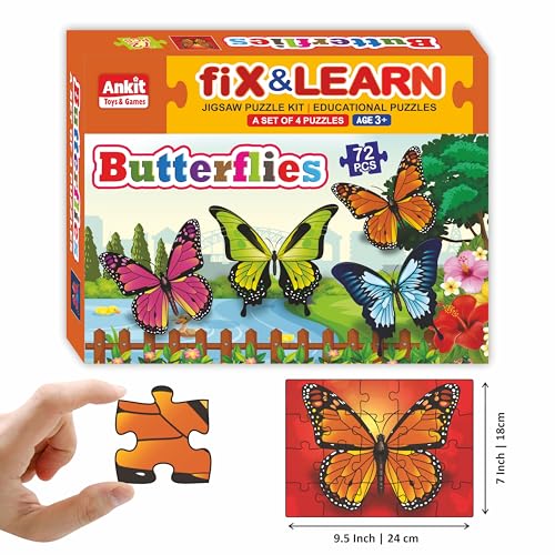 Image of Ankit Toys & Games Fix 'n' Learn Butterflies Jigsaw Puzzle for Kids | Educational and Learning Toy for Kids Age 3 and Above | Boost Memory Skills | 72 Pieces Transport Puzzle (Set of 4 Puzzles in Box)