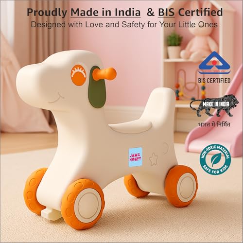 Image of Amazon Brand - Jam & Honey Baby Puppy Push On Ride On for Kids | Backrest | Easy Grip | Four Wheel | Durable and Safe | Non-Toxic | Portable | Lightweight | Animal Theme | 1-4 Years Old | Orange