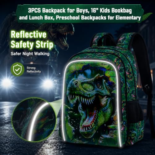 Image of 3Pcs Boys Backpack, 16 inch Dinosaur Bookbag for Elementary Preschool Kindergarten, Dino Kids School Backpacks with Lunch Box(Green)