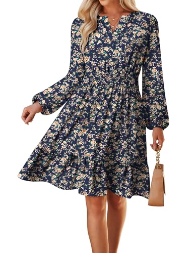 GRACE KARIN Strandkleid Damen Elegant Langarm V-Ausschnitt Blumen A-Linie Kleid Marineblau Boden gelbe Rosen XL