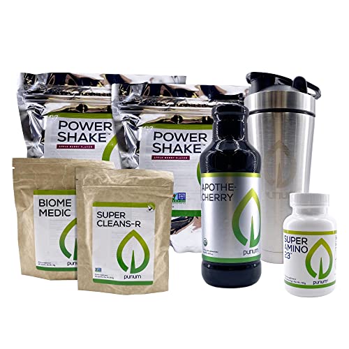 Purium Cleansing + Fitness Bundle - Includes Power Shake (Apple Berry) Apothe-Cherry Super Amino 23 Super CleansR Biome Medic & Blender Bottle