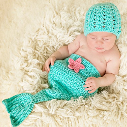 Melondipity Blue and Pink Newborn Girl Mermaid Hat and Tail Set2
