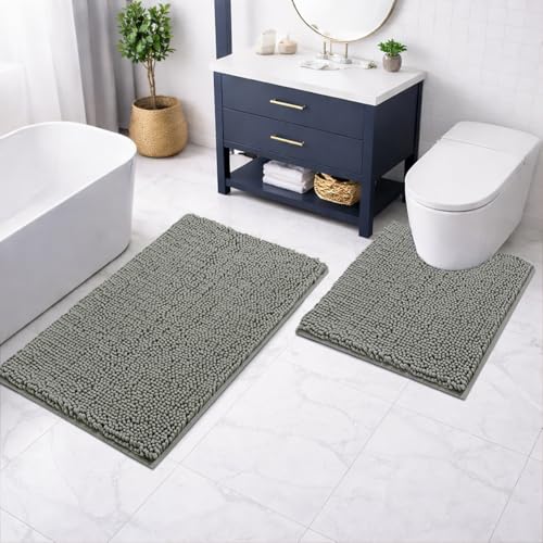 Image of LUXEHOME International Microfibre Chenille Contour Bath Mat Set for Bathroom, Anti Slip Super Absorbent Quick Dry Washable Bathroom Mats, Solid (Grey 45x75cm & 47x47cm) Pack of 2