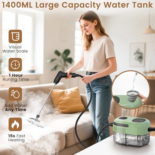 Image of 2500W Handheld Steam Cleaner, 3-Level Adjustable Steam Cleaner for Home with 16 Accessories, Multipurpose Portable Steamer Cleaning for Car,Floor,Furniture,Tile,Grout,Couch,Fast Heat-Up (Green)
