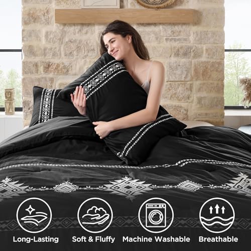 Baskbed Embroidered Comforter Set Queen 3 Piece Boho Bedding Black - image 4