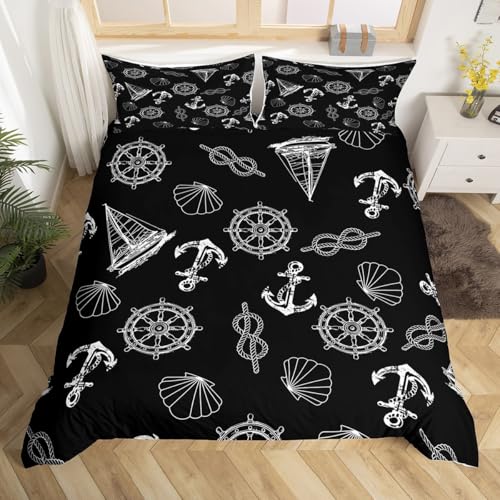Homemissing Blanc Noir Ancre Parure de Lit Océan thème Housse de Couette 220x240cm pour Enfants Hommes Gouvernail de Bateau et Coquille Imprimer Literie Set...