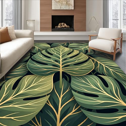 Low Pile Flatwoven Area Rug 4x6, Abstract Leaf Vein Design Featuring Fluid Asymmetrical Shapes, Machine Washable, Stain Resistant Indoor Rug for Living Room, Bedroom, Non Slip(Green, 4x6)