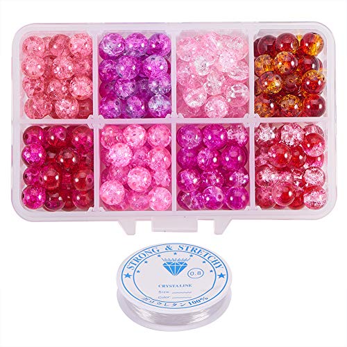 PandaHall Elite 240 cuentas redondas de 8 mm pintadas para hornear con hilo de cristal de 5 m/rollo de 0,8 mm para hacer collares, pulseras, joyas, agujero: 1,3 – 1,6 mm, 8 colores mezclados