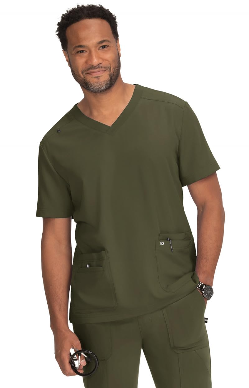 KOI Next Gen Men's Free to Be V-Neck 4 Pocket Scrub Top, 4-Way Stretch, ID Bungee Loop, Olive Green, Medium