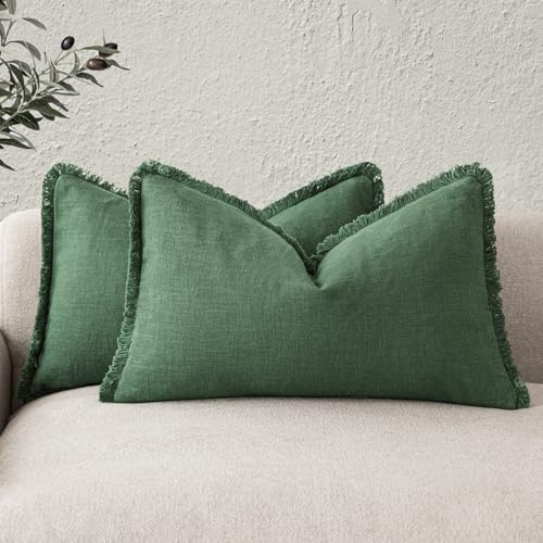 Image of Foindtower Set of 2 Decorative Linen Fringe Lumbar Throw Pillow Covers Boho Farmhouse Cushion Cover with Tassels Soft Accent Pillowcase for Couch Sofa Bed Living Room Home Decor,12x20 Inch,Pine Green