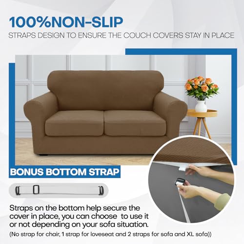 XINEAGE New 4 Pieces Couch Covers for 3 Cushion Couch Super Stretch Thick Soft Sofa Cover Anti Slip Sofa Slipcover Dogs Cats Furniture Protector (Brown, 71"-91")