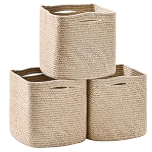 11 Inch Cube Storage Bins, Storage Cube Organizer Bins, Woven Cotton Rope Baskets for Storage, Storage Basket for Organizing Shelves, Square Baskets for Toys Nursery, Brown (Pack of 3)