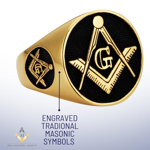 MasonicMan Mens Masonic Square and Compass Triple Sided Stainless Steel Ring Gift Pouch Gold Style3