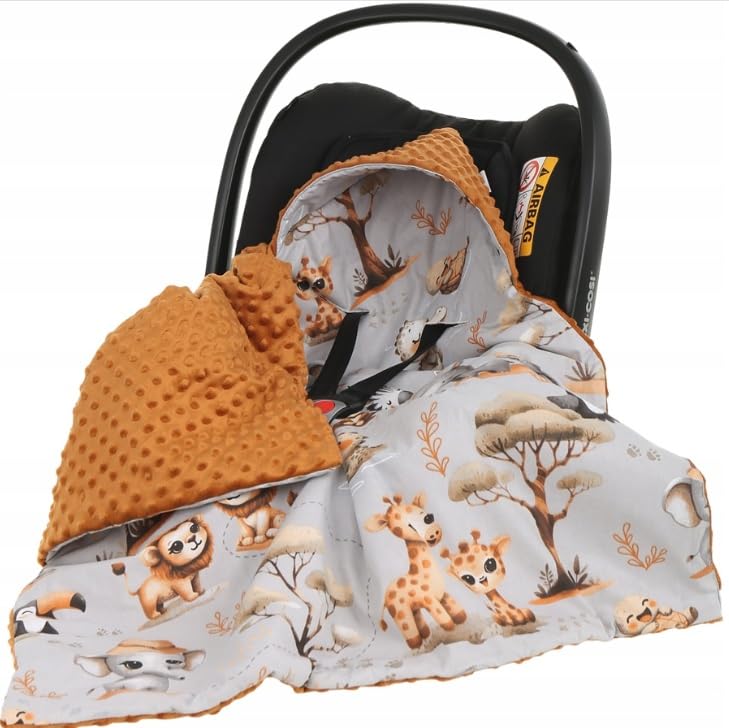 Babymam Baby Car Seat Hooded Blanket Double-sided Swaddle Wrap Cinnamon | Jungle Adventure Gray