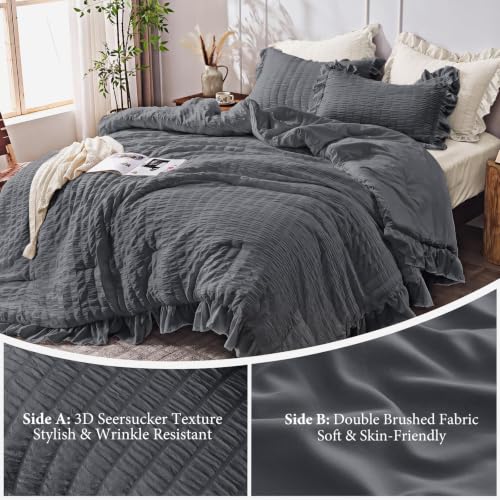 Image of JOLLYVOGUE Dark Grey Twin /Twin XL Comforter Set,3pcs Seersucker Bed Set | OEKO-TEX Certified, All Season, Down Alternative Fill, Lightweight Bedding Set with Ruffle Comforter & Pillowshams, Easy Care