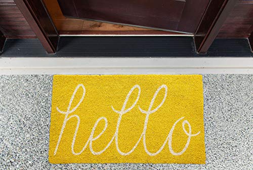 Contemporary Home Living 30" Yellow And Off-White Rectangular Durable And Non-Slip Doormat With Yellow Hello Design #TOP5