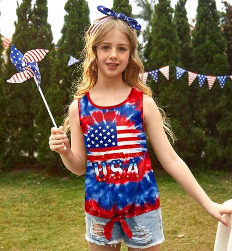 Image of July 4th Girls Patriotic Sleeveless Tie Knot Front Tank Top Stars Stripes Tee Shirt 4-14 Years