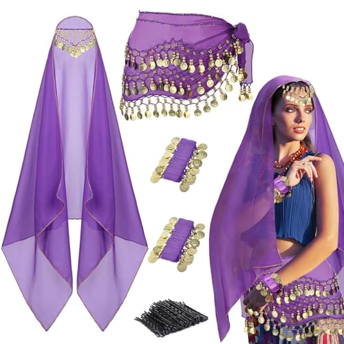 GZJINYUAN 4Pcs Belly Dancer Outfit Sets, Chiffon Head Scarf,Belly Dance Hip Scarf, 2 Coin Wrist Bracelets, 50 Bobby Pins,Belly Dance Costume for Women (Purple)